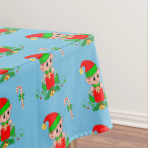 Toalha De Mesa Duende de Natal e Cana-de-Açúcar em Azul Claro