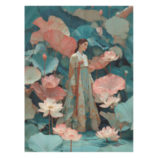 Toalha De Mesa Elegant Hanbok Woman in Pink Lotus Garden