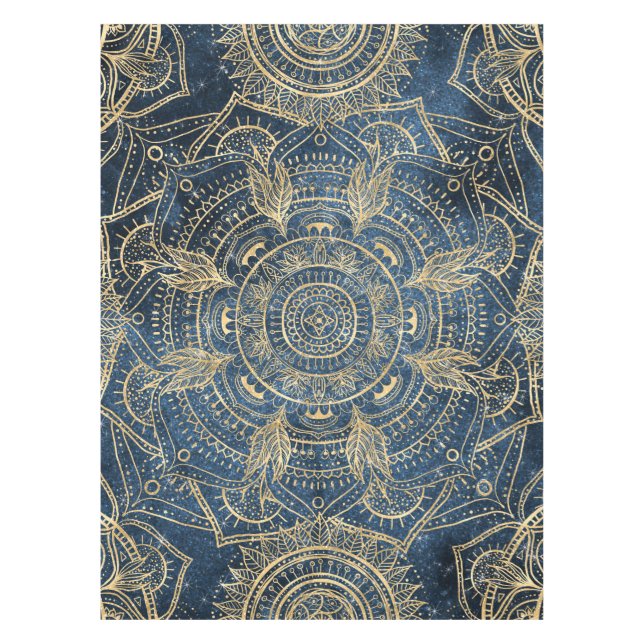 Toalha De Mesa Elegante Dourado Mandala Blue Whimsy Design (Frente)