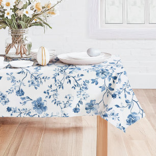 Toalha De Mesa Elegante Floral Toile Vintage Azul e Branco