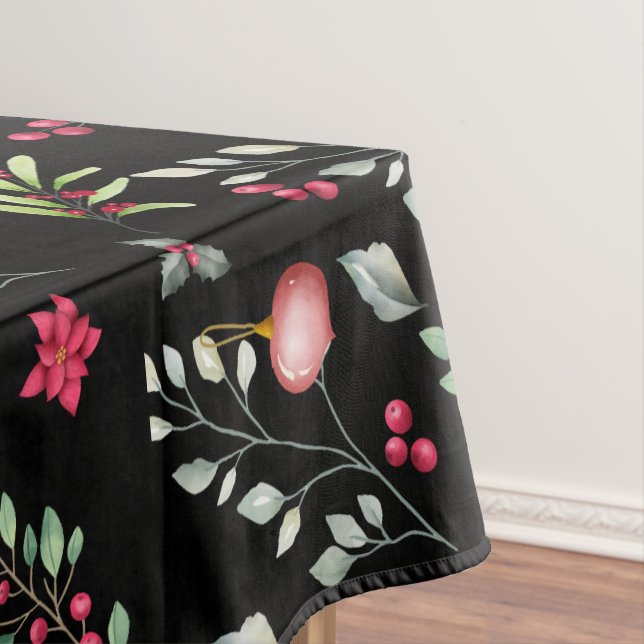 Toalha De Mesa Elegante Green Dourada Leaves e Red Holly Berries (Posição Original)