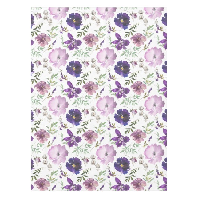 Toalha De Mesa Elegante Rosas Florais de Aquarela Lavanda Roxo (Frente)
