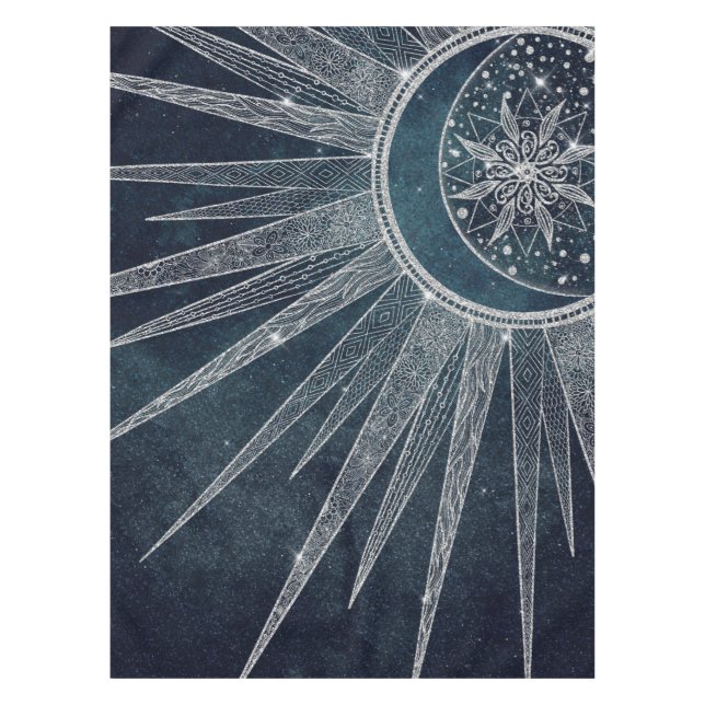Toalha De Mesa Elegante Sun Moon Doodle Mandala Blue Design (Frente)