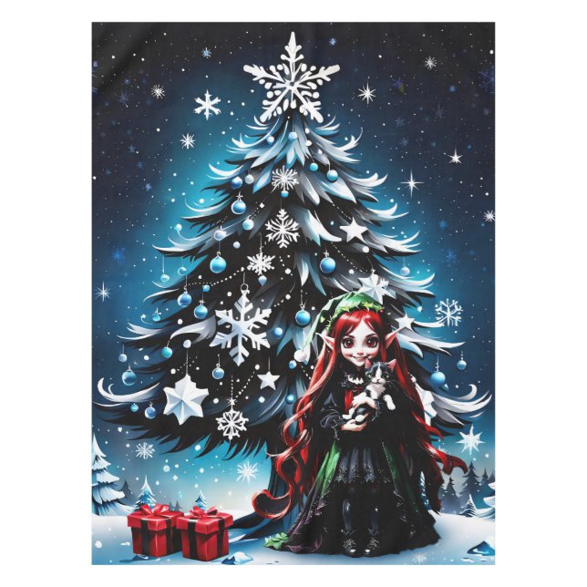 Toalha De Mesa Elfo de Natal com Kitten. (Frente)