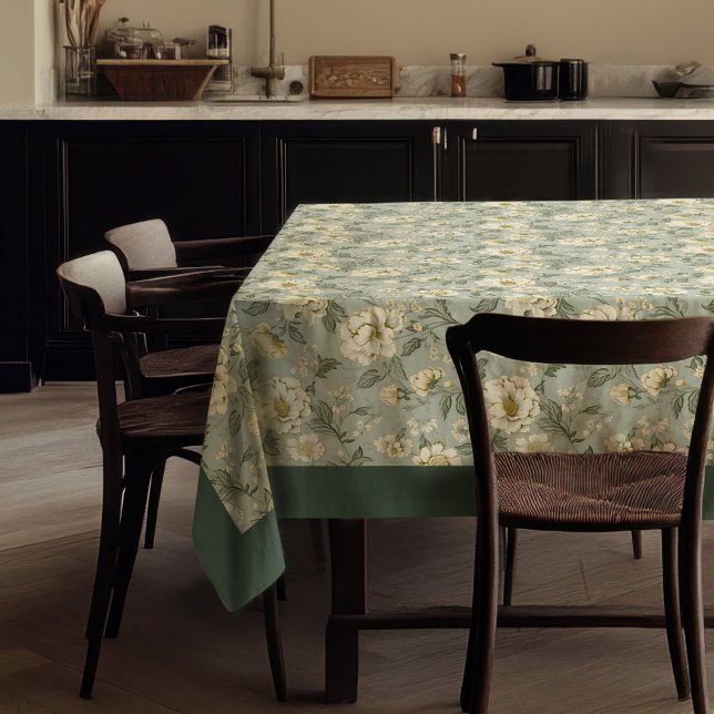 Toalha De Mesa Encantadora de flores brancas pastosas e verdes (Charming vintage light pastel green white flowers tablecloth)