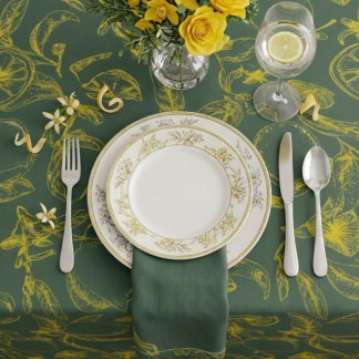 Toalha De Mesa Estampa de Limão Amarelo em Verde Escuro