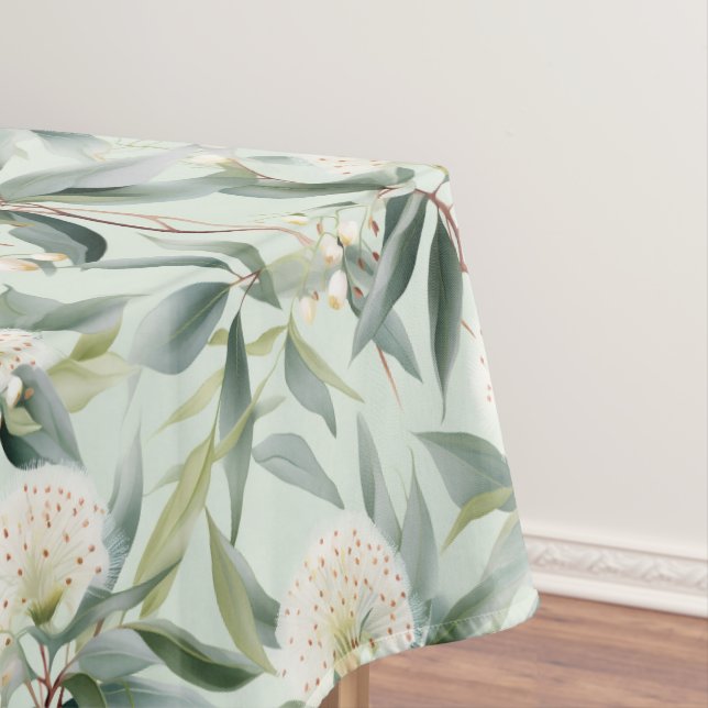 Toalha De Mesa Eucalyptus Flores Tecido Branco Verde Tableloth (Posição Original)