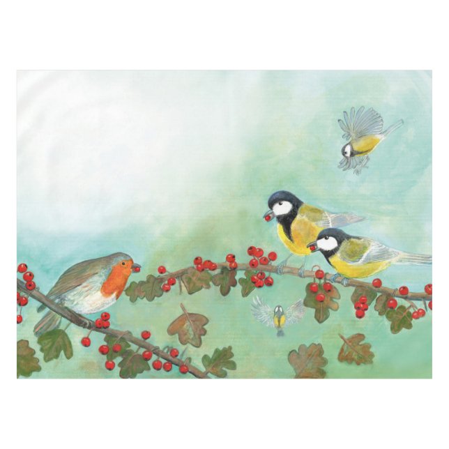 Toalha De Mesa Excelente Tit Birds, Red Robin e Hawthorn (Frente (Horizontal))