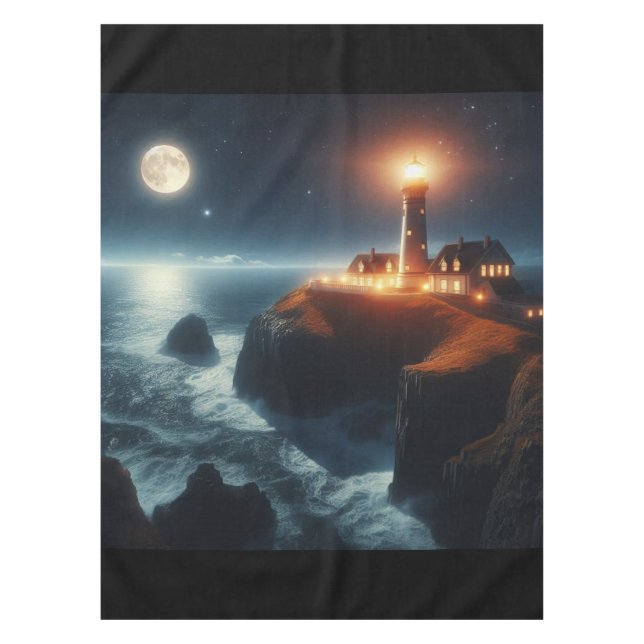 Toalha De Mesa Farol náutico/costeiro à noite com lua (Frente)