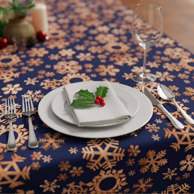 Toalha De Mesa Faux Copper Snowflakes Marinho Tablecloth Azul (Looking for an alternative for your festive table? How about Navy Blue and Copper Snowflakes?)