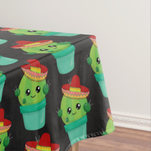 Toalha De Mesa Feliz Cactus Verde num Padrão Sombrero Vermelho