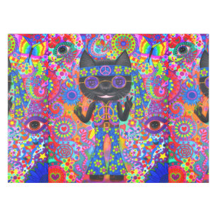 Toalha De Mesa Feliz Hippie Cat Óculos escuros Sinal de paz Flor
