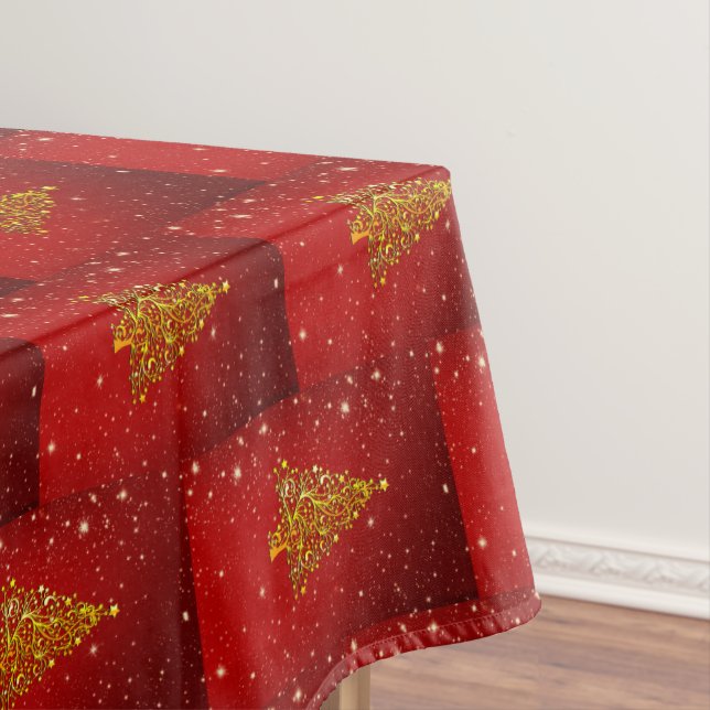 Toalha De Mesa Feliz Natal - Douradas Estrelas de Árvore Vermelha (Posição Original)
