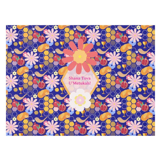 Toalha De Mesa Feliz Rosh Hashanah Jewish Ano Novo Padrão Floral (Frente (Horizontal))