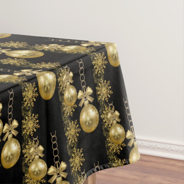 Toalha De Mesa Feliz Tablecloth de Natal, Douradas Bolas Negras (Posição Original)