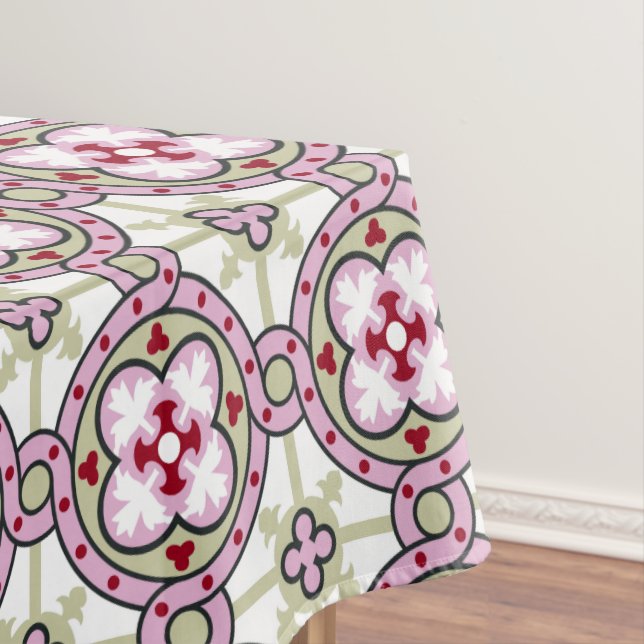 Toalha De Mesa Fita Flor de Azulejo Barcelona Vermelho Rosa Vinta (Posição Original)