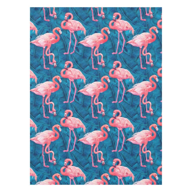 Toalha De Mesa Flamingos em folhas de bananas azuis (Frente)