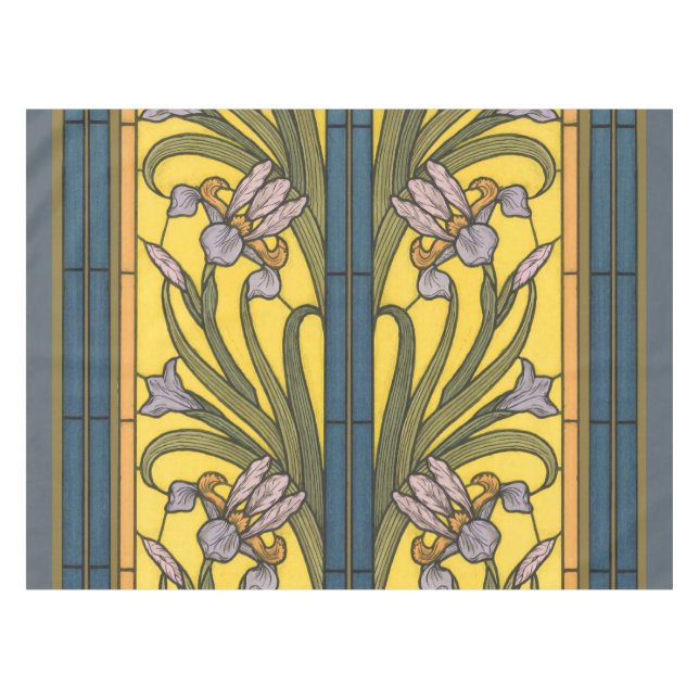 Toalha De Mesa Flor de Íris Art Nouveau Vitral Azul Dourado (Frente (Horizontal))