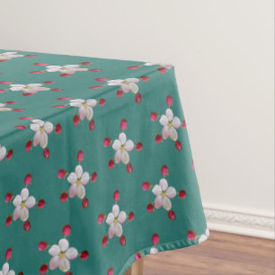 Toalha De Mesa Flor de Maçã Rosa e Branca em Azul Turquesa