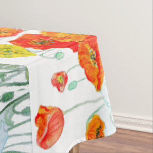 Toalha De Mesa Flor de Papoula Laranja Vermelha Aquarela Papoulas
