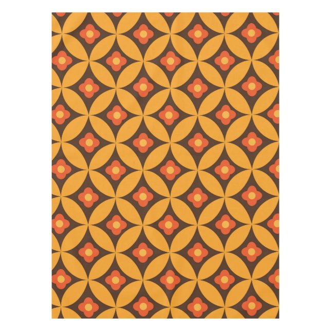 Toalha De Mesa Flor Retro em Círculos Laranja do Meio do Século (Frente)