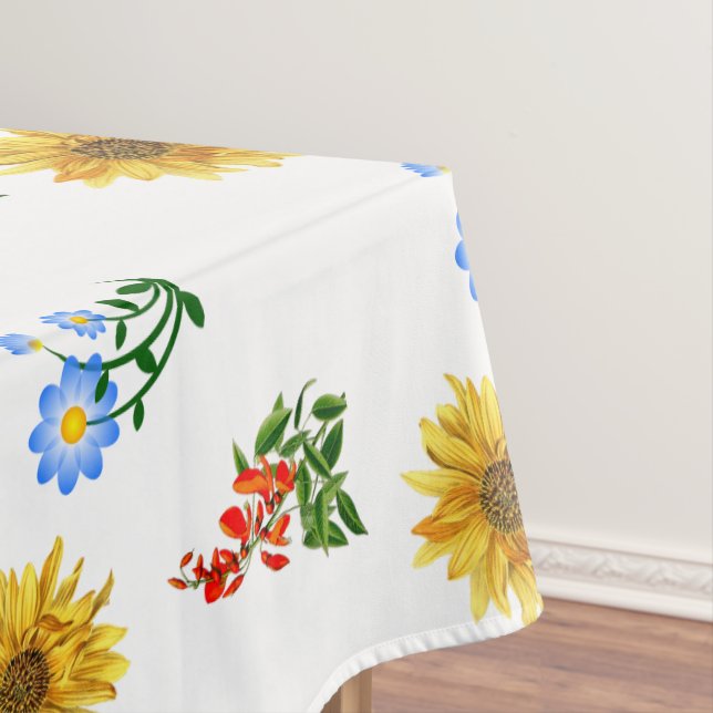 Toalha De Mesa Floral de Flor Azul Amarelo em Branco (Posição Original)