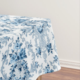 Toalha De Mesa Floral do Rococo Francês Branco e Azul