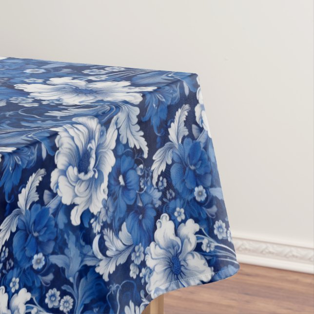 Toalha De Mesa Floral Elegante Azul e Branco (Posição Original)
