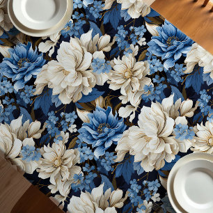 Toalha de Mesa Floral Marfim Azul Moderno