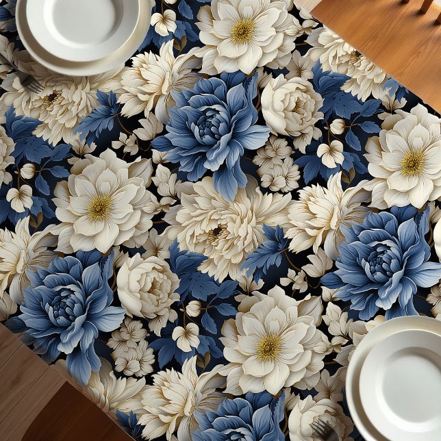 Toalha de Mesa Floral Marfim Branco Azul Premium (Premium Blue White Ivory Floral Tablecloth)