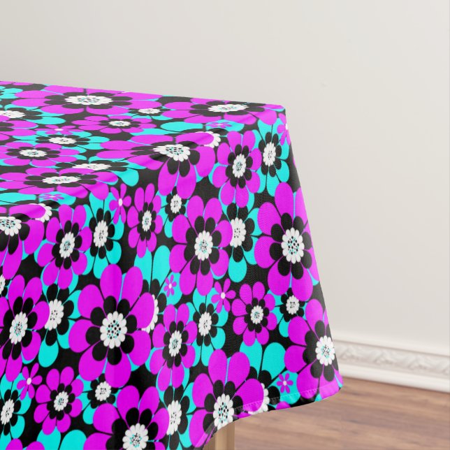 Toalha De Mesa Floral Neon Patterno Roxo e Flores Turquesas (Posição Original)