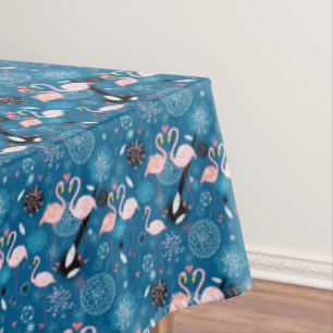 Toalha De Mesa Flores brancas padrão flamingos