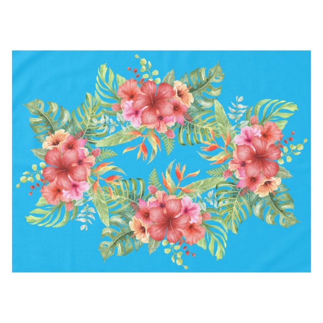 Toalha De Mesa Flores de Hibiscus Aquarela em Azul (Frente (Horizontal))