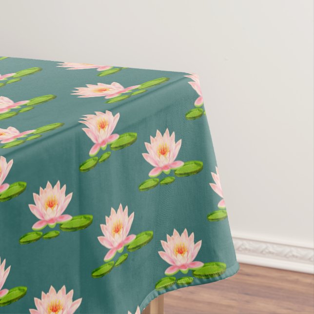 Toalha De Mesa Flores de Lótus Rosa e Folhas de Nenúfar em Verde  (Posição Original)