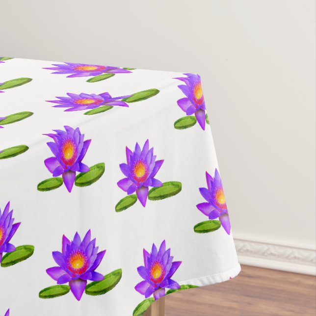 Toalha De Mesa Flores de Lótus Roxo & Folha de Nenúfar em Branco (Posição Original)