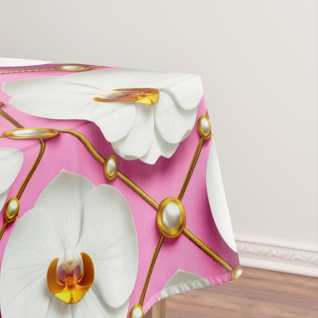 Toalha De Mesa Flores de Orquídea Branca em Fundo Rosa com Dourad (Posição Original)