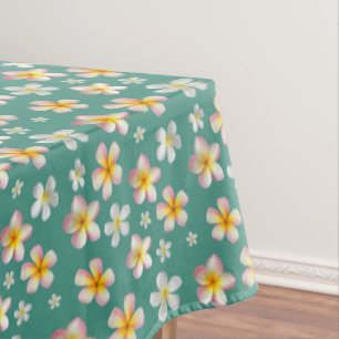 Toalha De Mesa Flores de Plumeria Rosa e Branco sobre Azul Turque