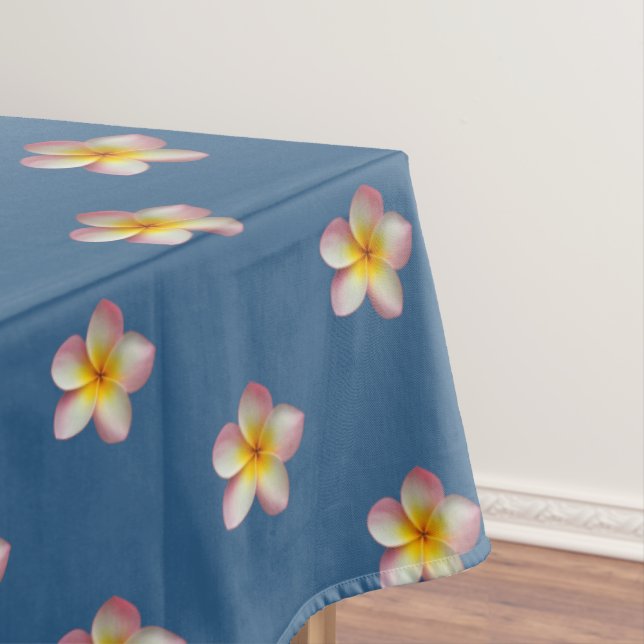 Toalha De Mesa Flores de Plumeria Rosa Elegante em Azul Prêmio (Posição Original)