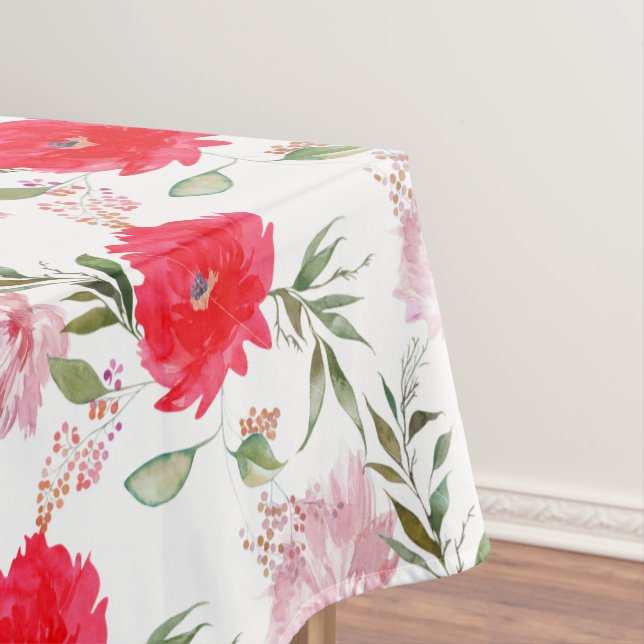 Toalha De Mesa Flores de Verão Boho Rosa e Verde em Aquarela (Posição Original)