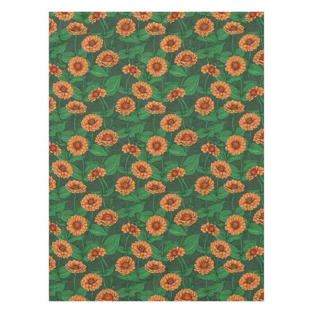 Toalha De Mesa Flores de Zinnia laranja, folhas verdes em verde e (Frente)
