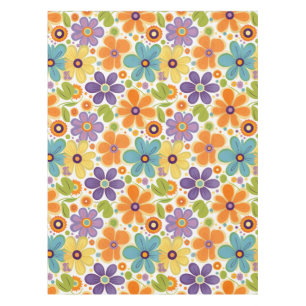 Toalha De Mesa Flores Retro Laranja Lilac e Verde