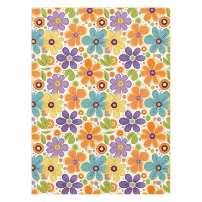 Toalha De Mesa Flores Retro Laranja Lilac e Verde (Frente)