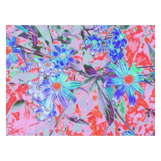 Toalha De Mesa Flores Retro Psicodélicas Aqua Verde e Laranja (Frente (Horizontal))