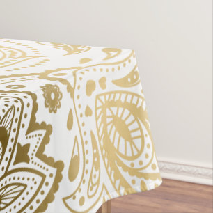Toalha De Mesa Folha Floral Branca MetálicaOuro