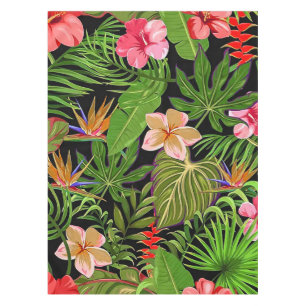 Toalha De Mesa Folhas Tropicais Coloridas e Flores de Hibisco  