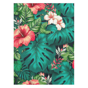 Toalha De Mesa Folhas Tropicais Elegantes e Flores de Hibisco  