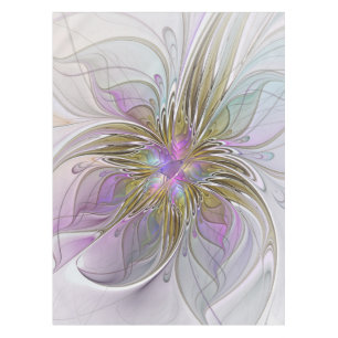 Toalha De Mesa Fractal Abstrato Colorida Floral, Rosa E Dourada