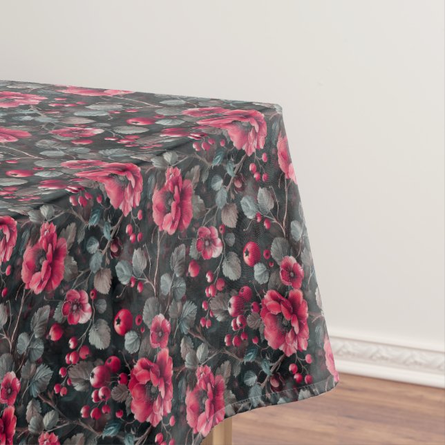 Toalha De Mesa Framboesa, flores bordô em cinza escuro (Posição Original)