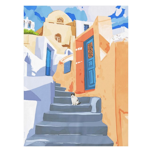 Toalha De Mesa Gato na Grécia, Arquitetura Tropical Exótica Viage (Frente)