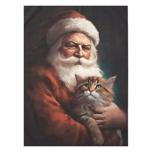 Toalha De Mesa Gato Persa com Papai Noel Natal Festivo (Frente)